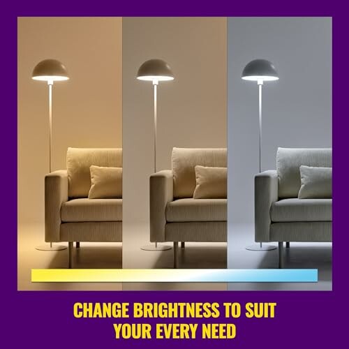 Three lighting modes for a floor lamp beside a sofa.