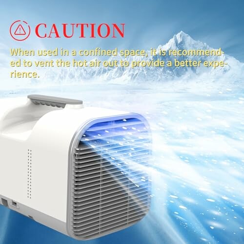 Portable air conditioner with caution warning about ventilation.