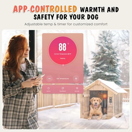 Woman using app to control temperature of dog house with happy dog inside.