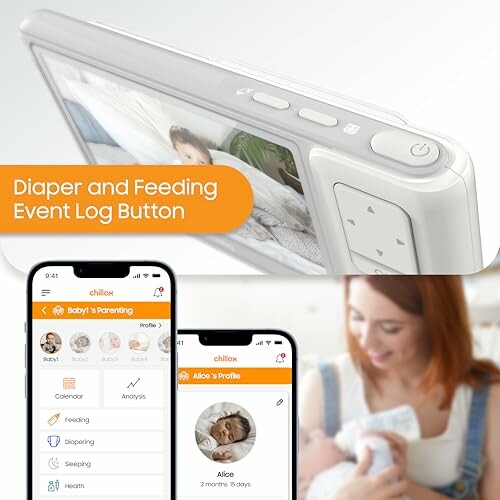 Mobile app interface for diaper and feeding logs.