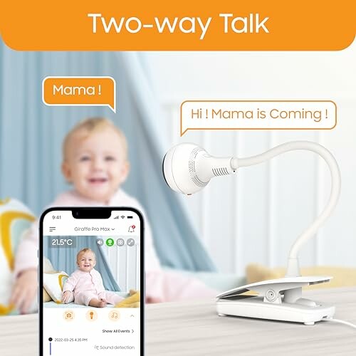 Baby monitor with two-way talk feature showing a baby and mobile app interface.