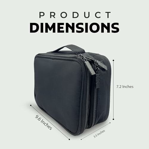 Black bag with product dimensions labeled: 9.6 inches by 3.5 inches by 7.2 inches.