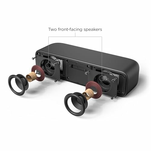 Exploded view of a Bluetooth speaker with two front-facing speakers.