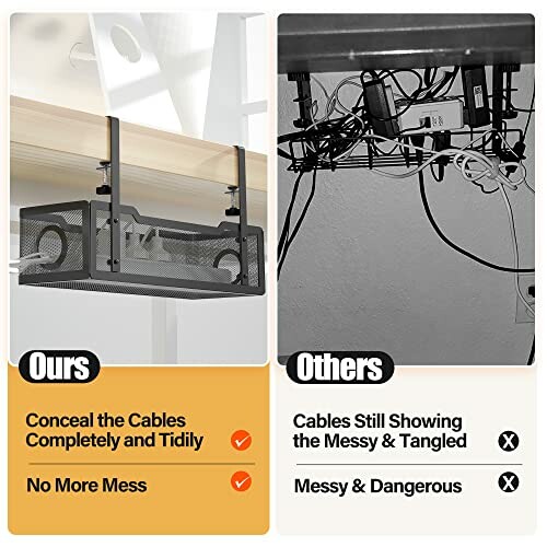 Comparison of tidy cable management versus messy cables.