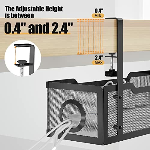 Under desk cable management tray with adjustable height between 0.4 and 2.4 inches.