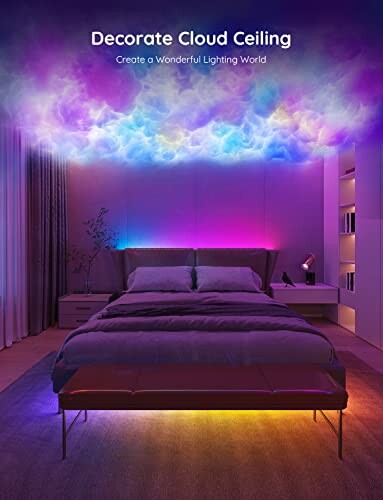 Bedroom with colorful cloud ceiling lighting.