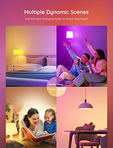 Color changing bulbs in different room settings for various moods.