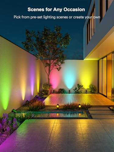 Outdoor patio with colorful lighting and plants.