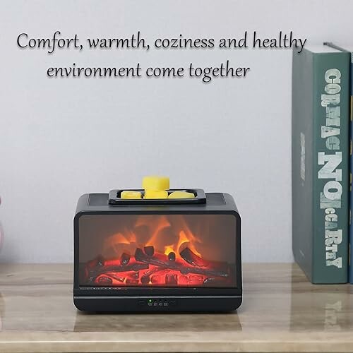 Mini electric fireplace with decorative logs and text about comfort.