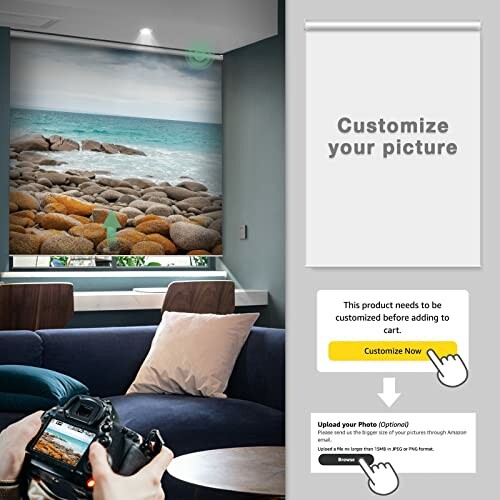 Customized photo window shade with ocean view and upload option