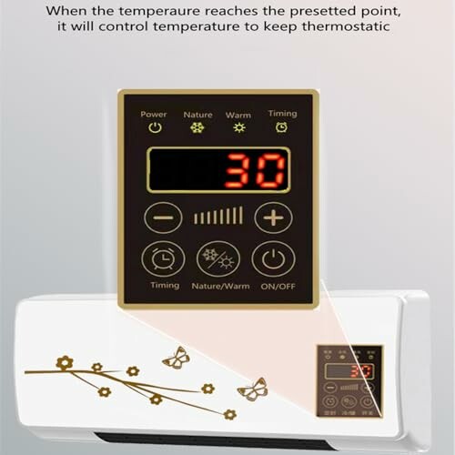 Digital thermostat with temperature display and control panel.