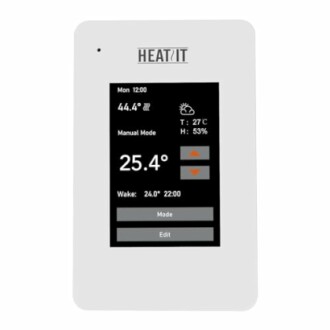 Digital thermostat with temperature display and control buttons.