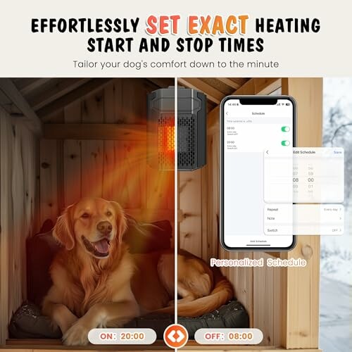 Dog in a kennel with a heater and a smartphone app displaying heating schedule.