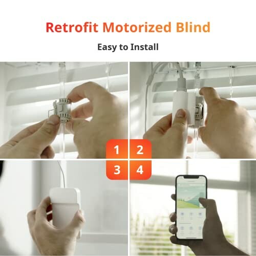 Step-by-step installation of retrofit motorized blind with smartphone control.