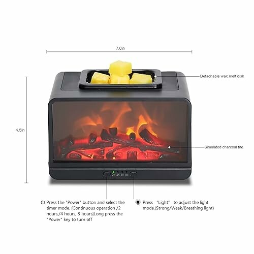 Electric fireplace wax warmer with simulated charcoal fire and detachable wax melt dish.