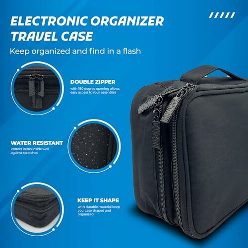 Electronic organizer travel case with double zipper, water-resistant material, and compact shape.