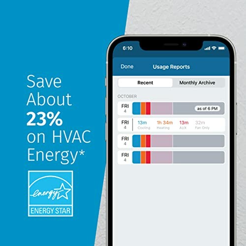 Smartphone displaying HVAC energy usage report with Energy Star logo.