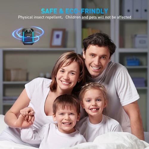 Happy family promoting safe eco-friendly insect repellent.