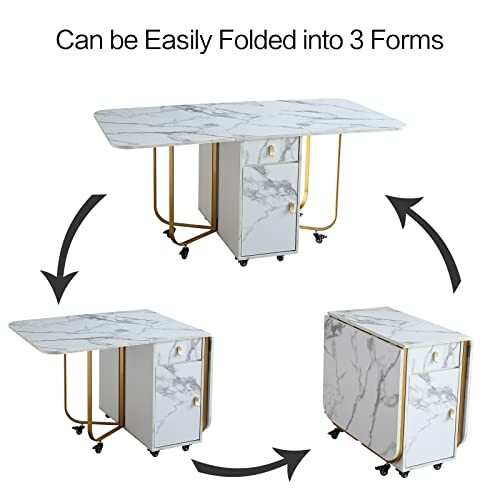 Convertible marble table in three foldable forms.