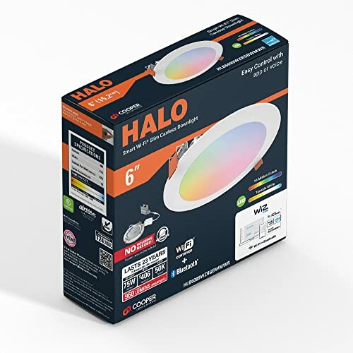 Halo 6-inch smart LED downlight packaging with WiFi and Bluetooth features.