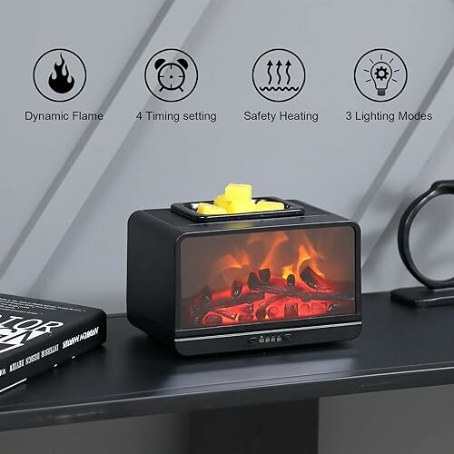 Mini electric fireplace heater with dynamic flame and settings icons.