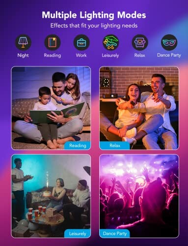 Image showcasing various lighting modes: reading, relax, leisurely, and dance party.