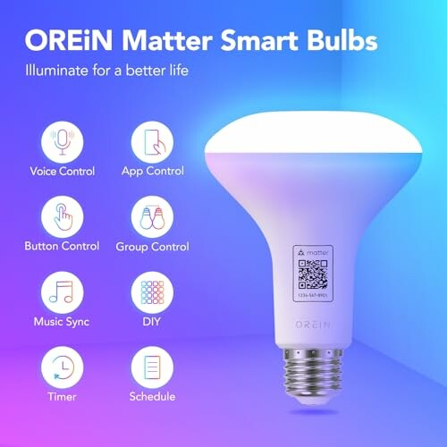 OREiN Matter Smart Bulbs with features like voice, app, button control, group control, music sync, DIY, timer, and schedule.