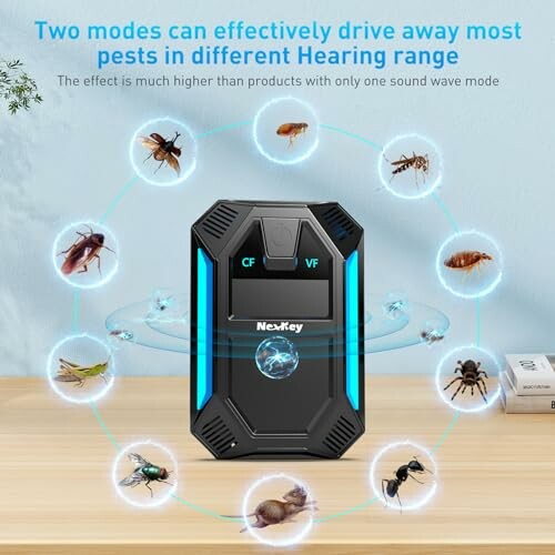 Ultrasonic pest repellent with various insects around it.