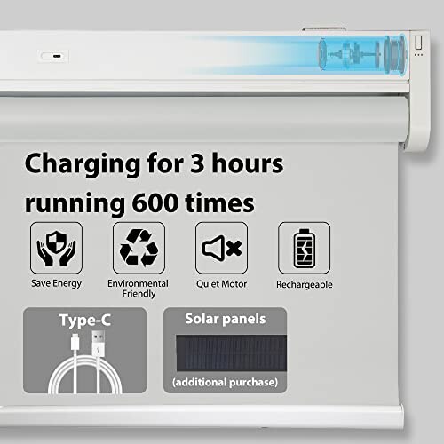 Rechargeable window shade with Type-C and solar panel options.