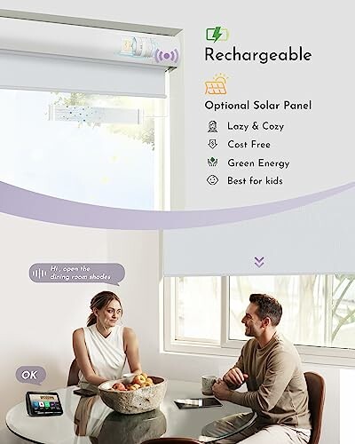 Two people sitting at a table with a rechargeable window shade and solar panel options.