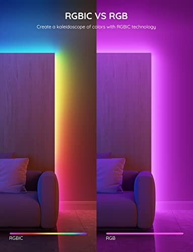 Comparison of RGBIC and RGB lighting behind a couch, showing vibrant and static colors.