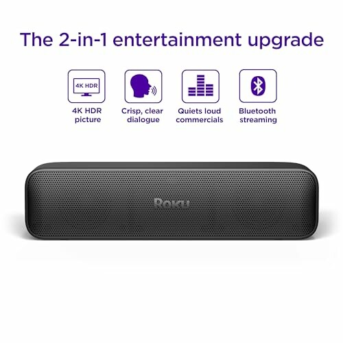 Roku Streambar with features like 4K HDR, clear dialogue, quiet commercials, and Bluetooth streaming.