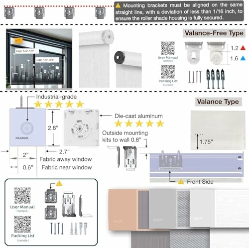 Installation guide for roller shades with valance and valance-free options, including measurements and components.