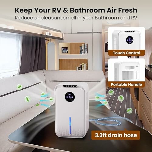 Air purifier for RV and bathroom with touch control and portable handle.