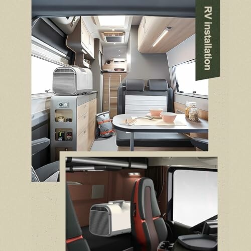 Cozy RV interior with dining area and appliances.