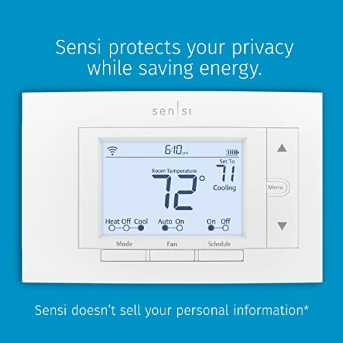 Sensi smart thermostat display with privacy and energy-saving features.