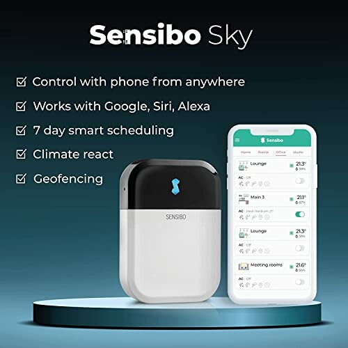 Sensibo Sky smart AC controller with app features displayed.