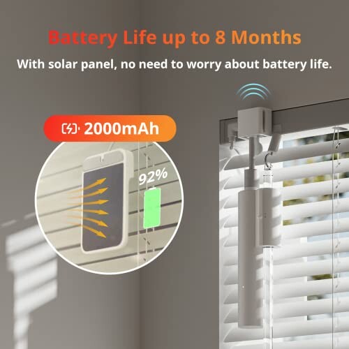 Solar-powered smart blind controller with 2000mAh battery lasting up to 8 months.