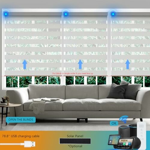 Living room with smart blinds and tech gadgets.