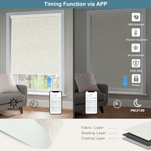 Smart blinds with timing function via app showing day and night settings.