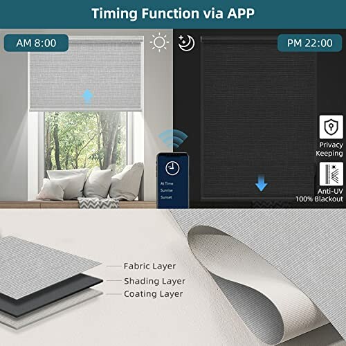 Smart blinds showing timing function via app with day and night settings.