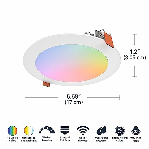 Smart ceiling light with dimensions and features including 16 million colors, wireless dimming, and Wi-Fi Bluetooth capability.