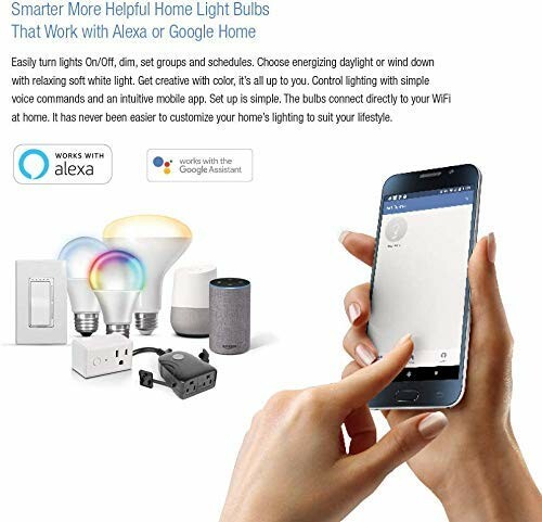 Smartphone controlling smart home light bulbs with Alexa and Google Assistant compatibility.