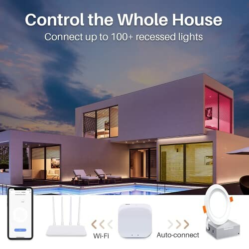 Modern house with smart lighting control via Wi-Fi and auto-connect.