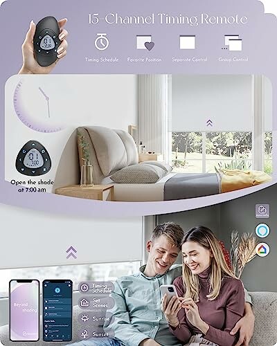 Smart home shade control, remote and app interface.