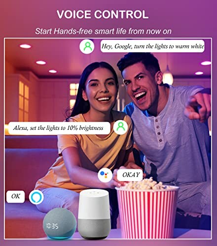 Couple using smart home voice control devices for lighting.