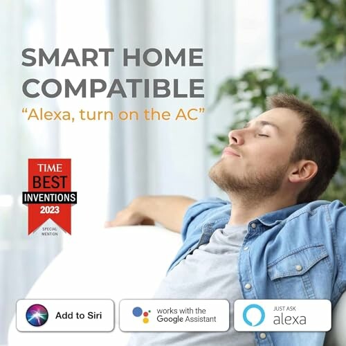 Man relaxing on couch with smart home compatibility icons.