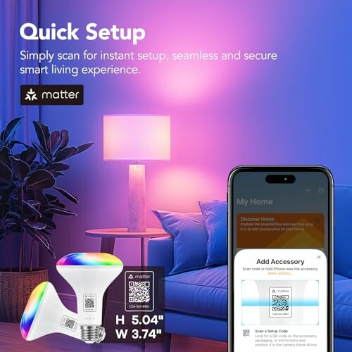 Smart light setup with phone and lamp in a colorful room.