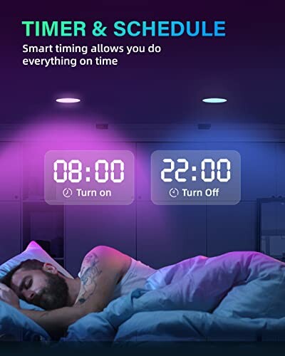 Person sleeping with smart light timer and schedule display.