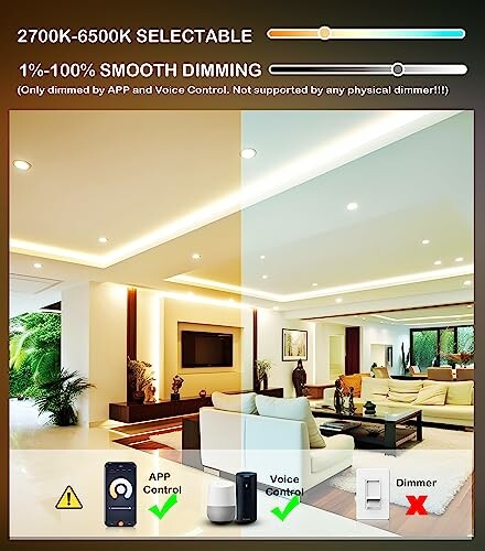 Smart lighting with selectable color temperature and dimming options, controlled via app or voice.